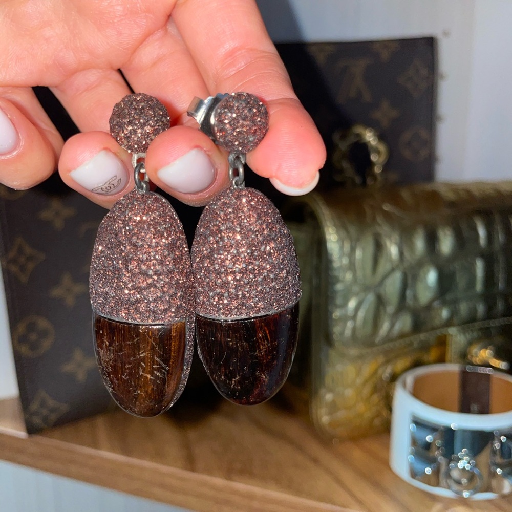Jennifer Miller wooden sparkly earrings, Brown